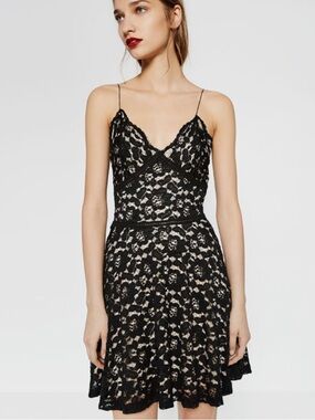 Zara A-Line Lace Spaghetti Strap Mini Dress w Nude Lining, Black, Sz L